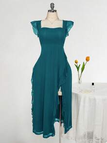 SHEIN ICON Váy ôm cổ vuông viền bèo nhún cỡ lớn, thích hợp cho đám cưới, tiệc tùng, khách dự tiệc, trang phục mùa xuân lãng mạn - Màu xanh ngọc - Xem 3