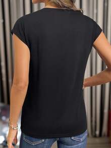 EMERY ROSE Women's Casual Daily Christmas Hat & Wine Glass Print V-Neck Batwing Sleeve T-Shirt - Black - View 2