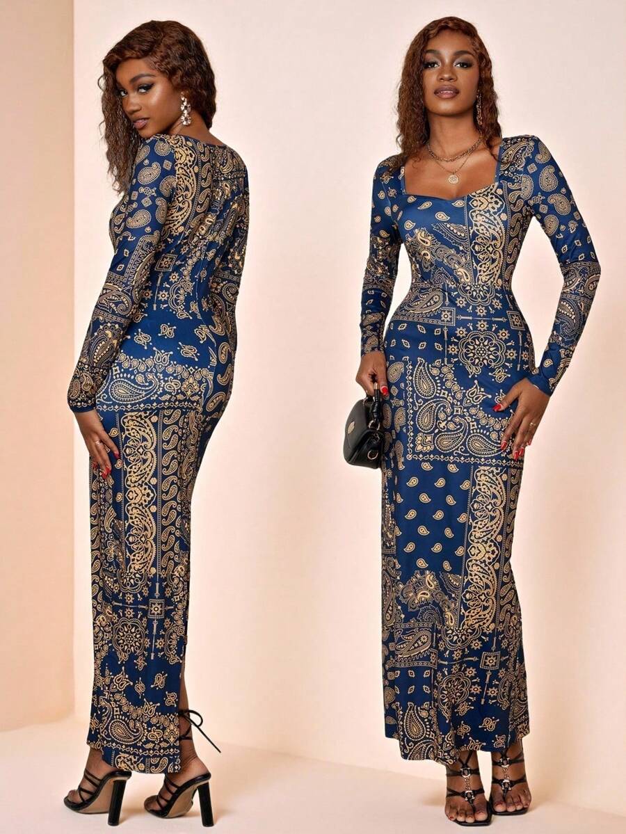 Eryvara Women's African Print Fitted Long Dress Royal Blue Elegant Dress Women Luxury Dress For Women Long Sleeve Maxi Dress Women - Multicolor - View 1