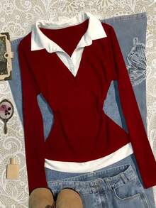 Glimmora 女士撞色休闲修身长袖上衣 - 酒紅色 - 查看 3