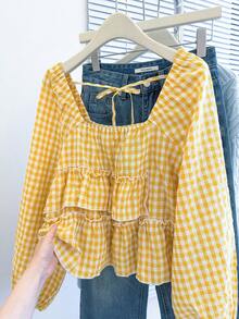 INAWLY 女士秋季新款可爱荷叶边下摆衬衫 - 黃色 - 查看 3