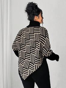 Elenzga Plus Size Asymmetrical Batwing Sleeve Turtleneck Contrast Color Knit Sweater, Casual & Comfortable Fall Winter - Multicolor - View 2