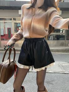 DAZY 女士抽绳腰带口袋PU撞色休闲短裤 - 黑色 - 查看 3