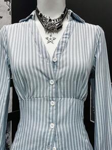 Flirla Women's Sexy Fashionable Multi-Functional Office V-Neck Pleated Slim Fit Blouse - Blue and White - View 5