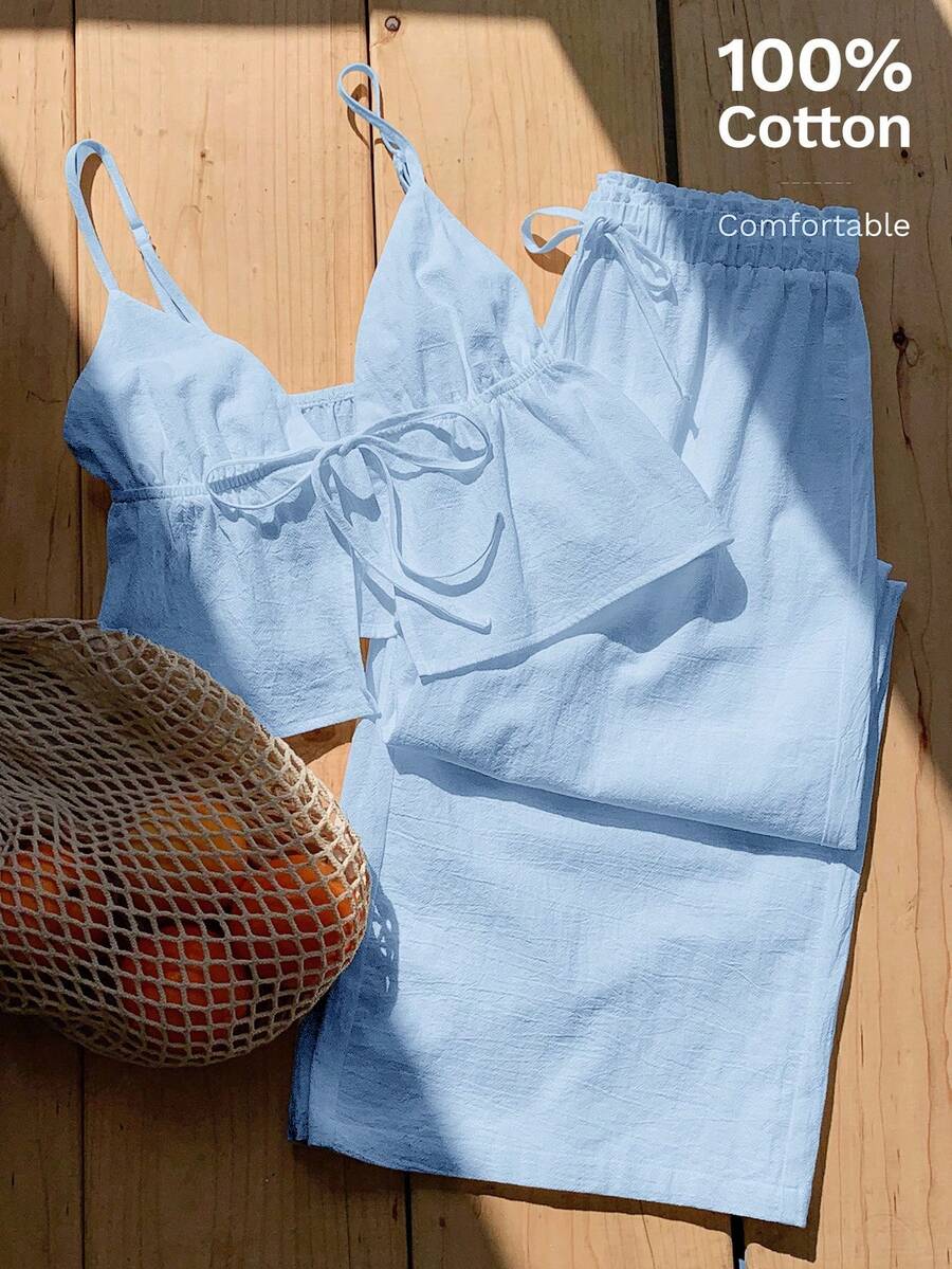 Comfortcana 女士天蓝色亚麻吊带背心和裤子两件套，春夏款 - 藍色 - 查看 1