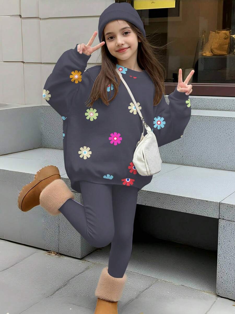 SHEIN Leap Crew Bộ 2 quần áo nỉ dài tay cổ tròn in họa tiết hoa thường ngày cho bé gái tuổi teen, màu xám, phù hợp cho mùa thu/đông - Nhiều màu - Xem 1