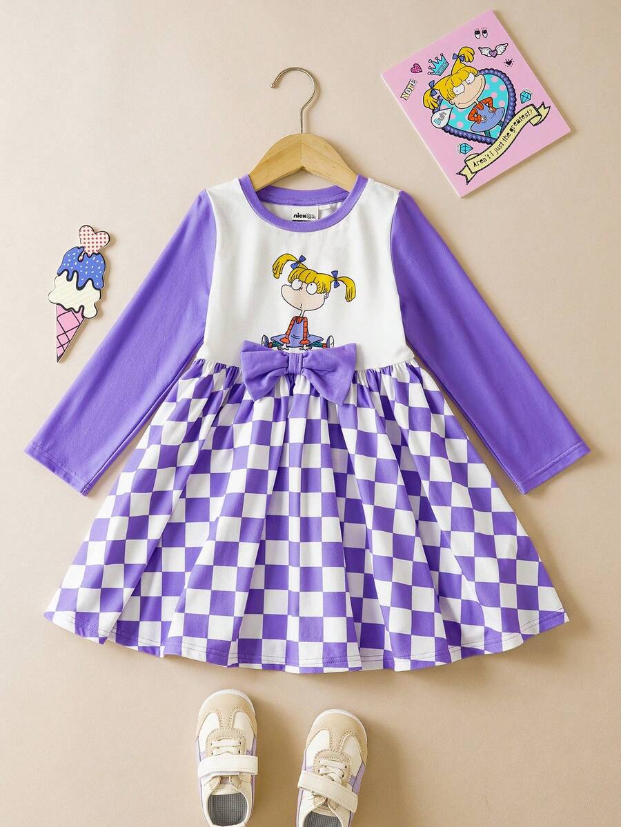 Nick 90s | SHEIN Kleine Mädchen Cartoon Kleine Mädchen Muster Lila Schleife Karomuster Langarm Kleid - Violett - Übersicht 1