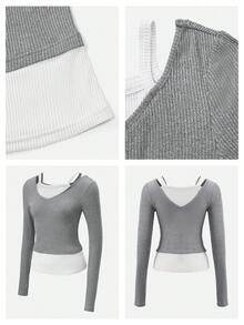 Nuvra Camiseta casual de manga larga de unicolor 2 en 1 para mujer, otoño/invierno - Gris - Ver 3