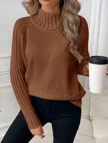 SHEIN LUNE Solid Color High Neck Raglan Sleeve Loose Casual Knit Pullover Sweater - Rust Brown - View 4