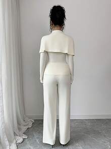 Elenzga 2pcs Women Elegant Embroidered Lace Long Sleeve Top And High Waist Casual Pants Set - Apricot - View 2