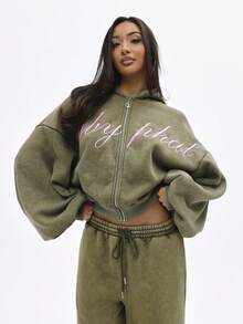 BABYPHAT Áo sweatshirt dáng rộng, lửng, màu kaki bạc màu, có mũ và khóa kéo phía trước, phong cách đường phố thường ngày. - màu xanh lá - Xem 1