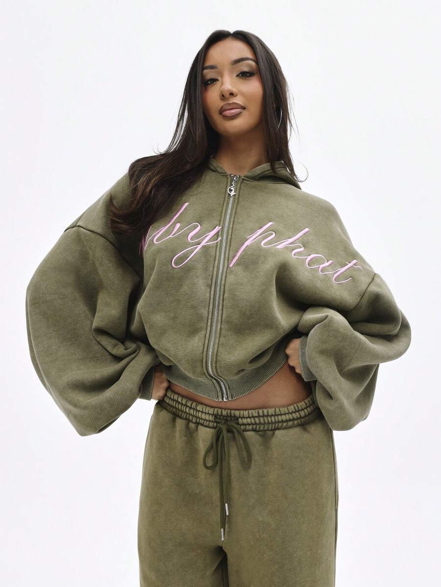 BABYPHAT Áo sweatshirt dáng rộng, lửng, màu kaki bạc màu, có mũ và khóa kéo phía trước, phong cách đường phố thường ngày. - màu xanh lá - Xem 1