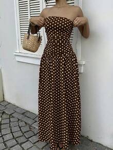 MainGRL Women's Polka Dot Print Waist Cinched Bandeau Dress, Vacation Style,Dresses For Women Casual Sun Dress Long Brown Long Dress Brown Sundress Brown Maxi Dress Brown Polka Dot Dress - Brown - View 5