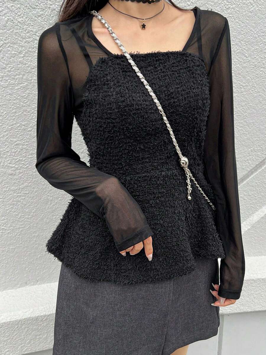 FRIFUL 女士方领修身宽松网纱拼接加厚抓绒下摆荷叶边长袖套头T恤娃娃衫 - 黑色 - 查看 1