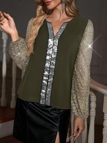 SHEIN Clasi Women's Sequin Patchwork V-Neck Loose Long Sleeve Fashionable Blouse Glitter Top Women Sequin Top Women - Army Green - View 3