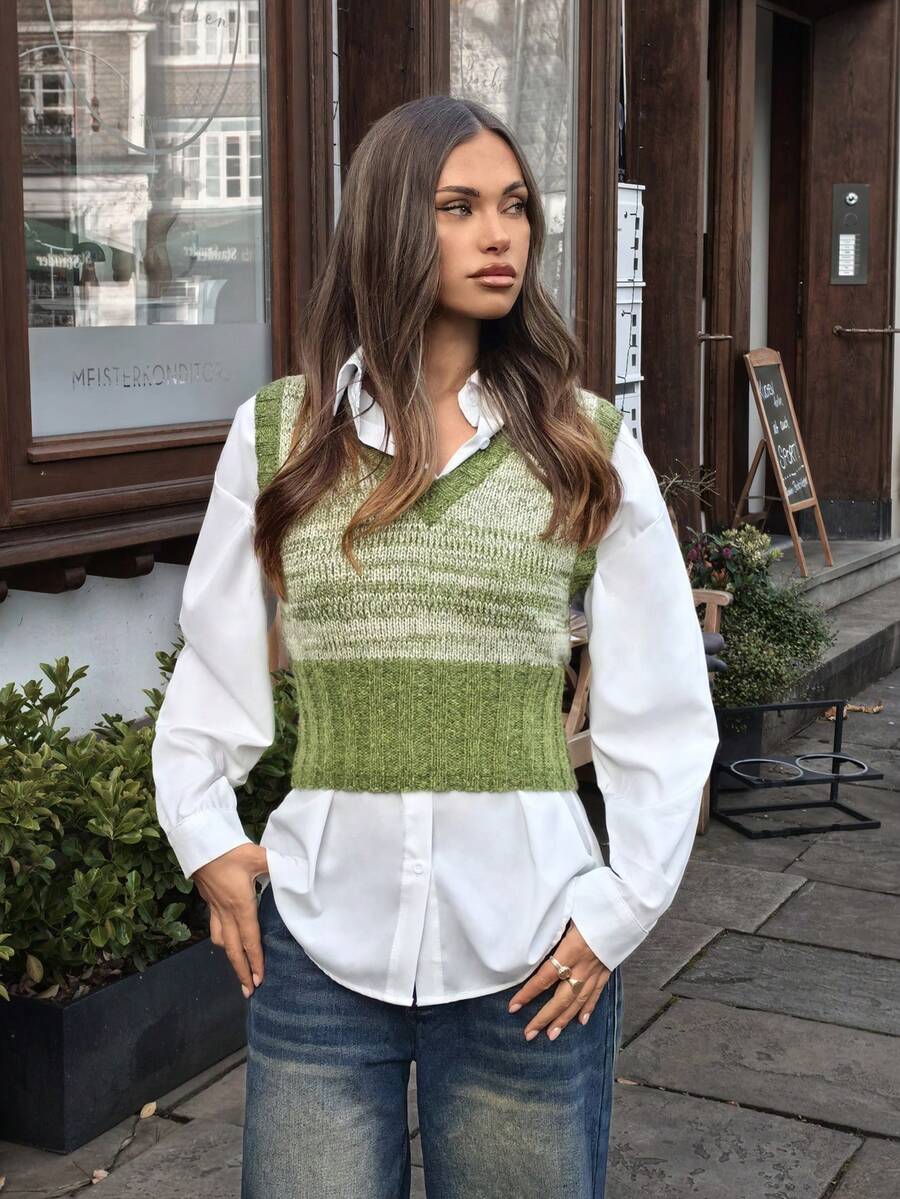 SHEIN Unity Chaleco de punto versátil y combinable con parches de colores contrastantes para mujer - Verde - Ver 1