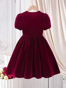 Glamorique Kids Girls' Elegant Vintage Style Dress, Burgundy Short Sleeve With Bow Tie & Pearl Decor, Round Neck, Waist Cinched, Suitable For Christmas, Halloween, Birthday, Spring/Autumn - Burgundy - View 2