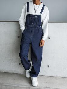 Manfinity Hypemode 男士休闲街头风胸带牛仔背带裤 男士宽松背带裤 - 深色水洗藍 - 查看 7