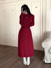 Feyla 女士休闲抓绒连衣裙，适合秋冬季穿着 - 酒紅色 - 查看 5