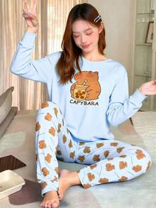 Tween Girls Pajama Set, Snug Fit 2-Piece Set - Light Blue Orange Capybara Pajamas Temperature Color Change Capybara Bubble Tea Print Crew Neck Design Light Blue Orange Healing Capybara Color Warm Comfortable Fabric Long Sleeve Crew Neck Top Pants Capybara Bubble Tea Combo Social Media Style Healing Capybara Spring Summer Autumn Winter Holiday Essential Tween Girls Pajama Set, - Blue - View 1