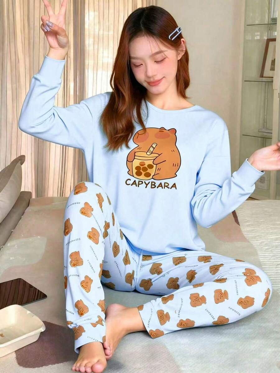 Tween Girls Pajama Set, Snug Fit 2-Piece Set - Light Blue Orange Capybara Pajamas Temperature Color Change Capybara Bubble Tea Print Crew Neck Design Light Blue Orange Healing Capybara Color Warm Comfortable Fabric Long Sleeve Crew Neck Top Pants Capybara Bubble Tea Combo Social Media Style Healing Capybara Spring Summer Autumn Winter Holiday Essential Tween Girls Pajama Set, - Blue - View 1
