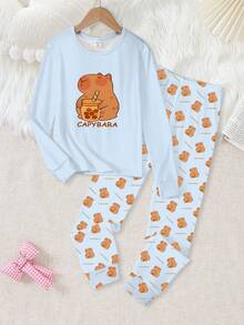 Tween Girls Pajama Set, Snug Fit 2-Piece Set - Light Blue Orange Capybara Pajamas Temperature Color Change Capybara Bubble Tea Print Crew Neck Design Light Blue Orange Healing Capybara Color Warm Comfortable Fabric Long Sleeve Crew Neck Top Pants Capybara Bubble Tea Combo Social Media Style Healing Capybara Spring Summer Autumn Winter Holiday Essential Tween Girls Pajama Set, - Blue - View 4
