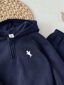 Baby Boy Casual Cute Versatile Blue Knit Hoodie Sweatshirt And Elastic Waist Pants Set - Navy Blue - View 3