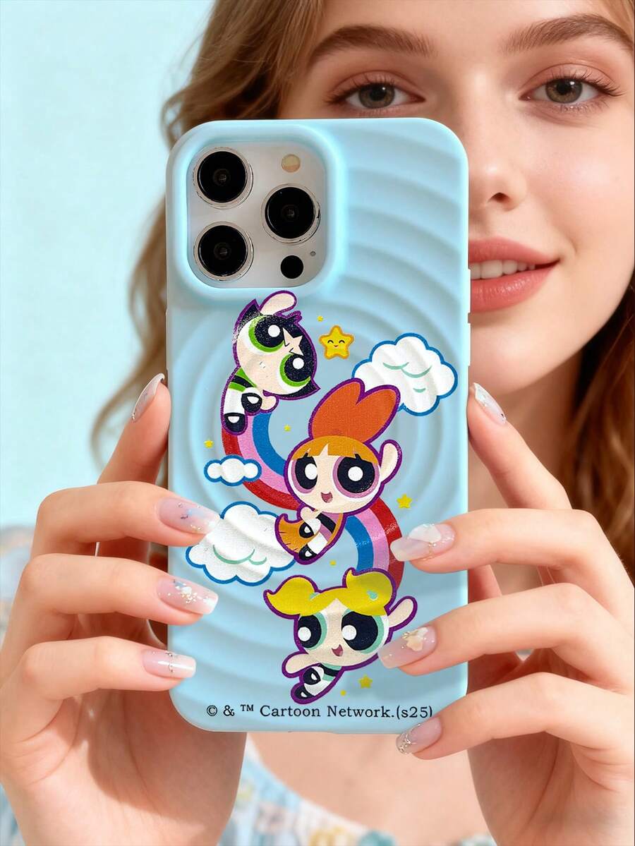 THE POWERPUFF GIRLS X SHEIN 浅蓝色时尚飞行可爱女英雄卡通波浪纹磁性软手机壳，兼容，少女时尚动漫手机壳，带磁性功能，适合日常使用和送礼 - 淺藍色 - 查看 1