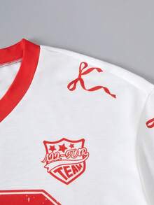 SHEIN 2件套少女粉色蝴蝶结字母V领黑色宽松T恤和粉色V字褶裙套装，甜美可爱 - 紅色 - 查看 5