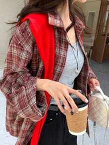 DAZY Women's Casual Plaid Long Sleeve Shirt - Red - View 1