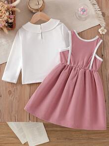Vintaside Kids Conjunto de blusa de manga larga con cuello y bordado floral vintage y vestido peto bordado en color albaricoque para niñas, esquema de color otoñal, adecuado para uso casual diario - Rosa - Ver 2
