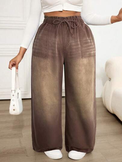 Dripcurv Plus Size Casual Loose Elastic Waist Straight Leg Jeans, Blue