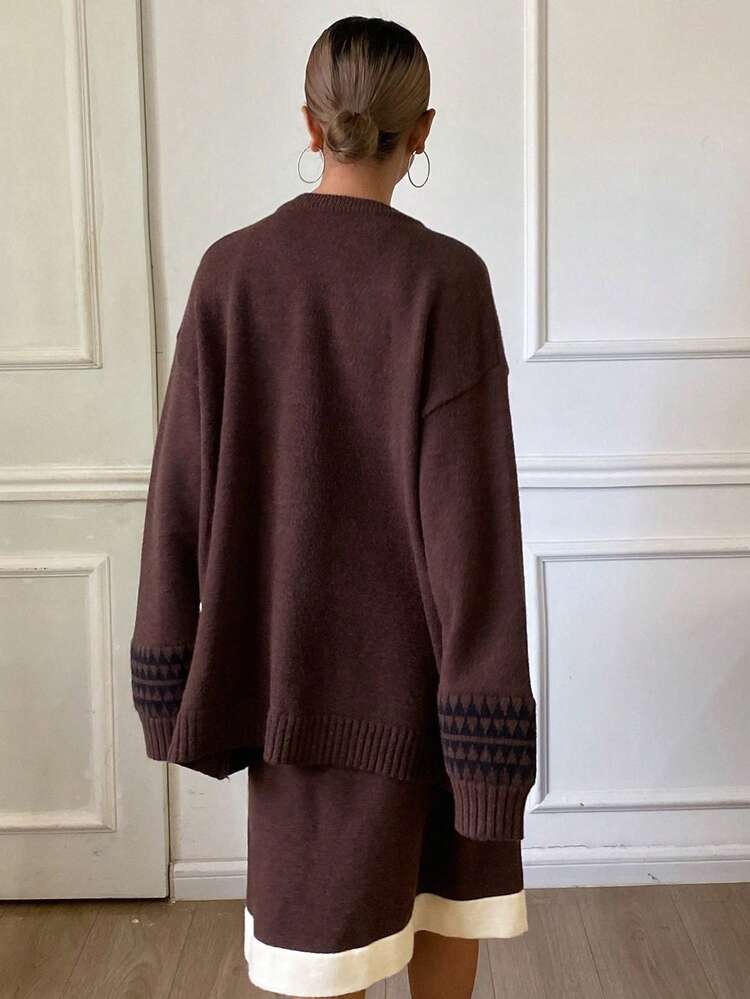 Vintage Christmas Horn Button Loose Knit Sweater & Below Knee Skirt Casual Holiday Autumn/Winter 2 Pieces Set For Women