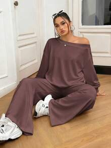 Solflare 咖啡棕色不对称领上衣和裤子加大码两件套 - 咖啡棕 - 查看 2