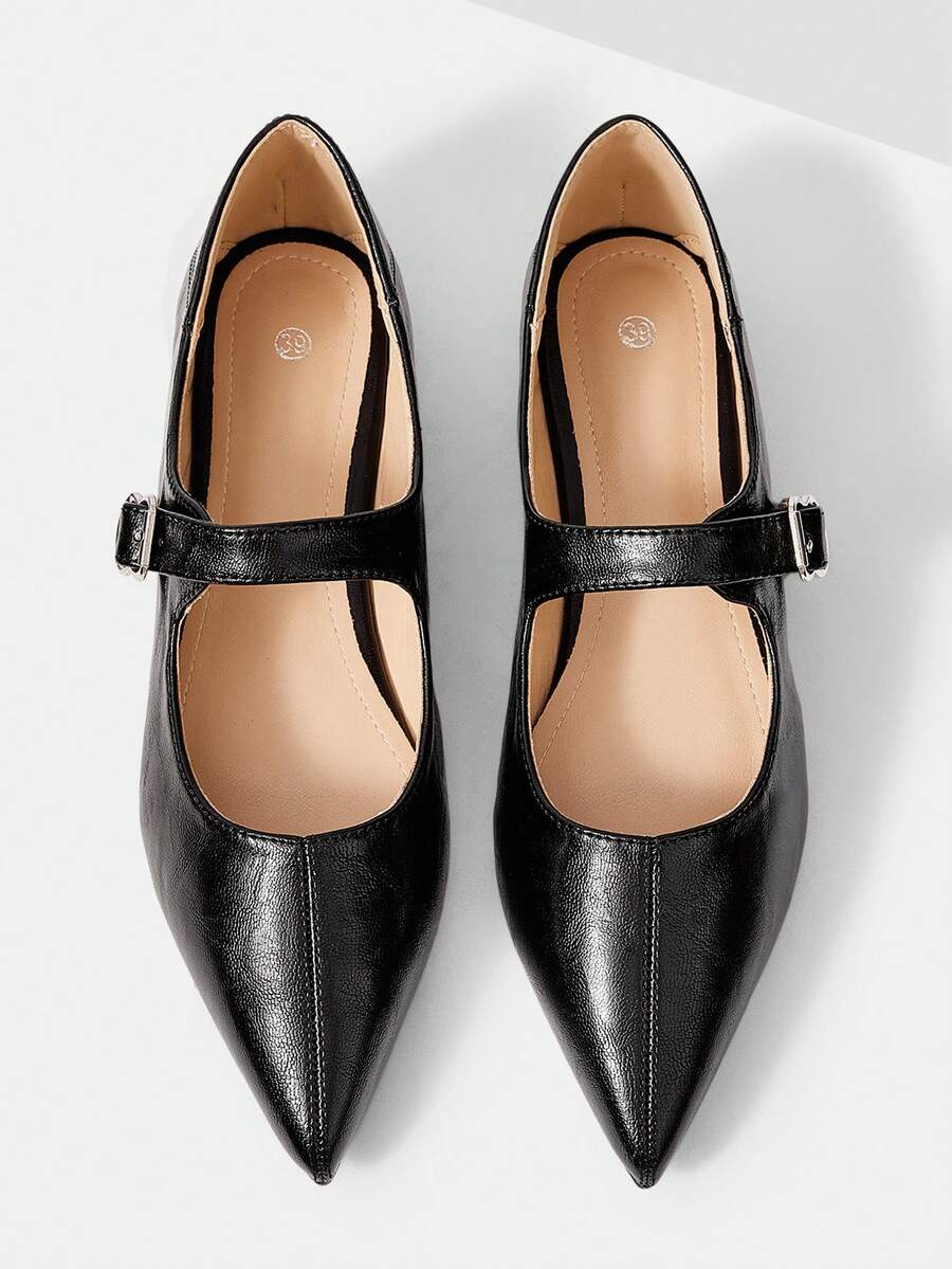 Mnmlis New Autumn Mary Jane Flats With Pointed Toe And Buckle Strap - Black - View 1