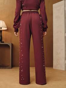 Anewsta Celana Jogging Longgar Berbahan Termal dengan Hiasan Rhinestone, Lapisan Dalam, Warna Merah Burgundy, Kaki Lebar, Modis, Cocok untuk Festival, Musim Semi, Payet, Chic, Kasual - Burgundy - View 7