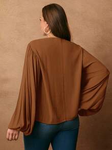 Rosumi 大码女式休闲宽松纯色长袖衬衫 - 棕色 - 查看 6