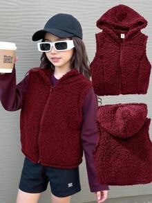 SHEIN 少女休闲街头风舒适双面抓绒连帽拉链短款无袖外套，酒红色