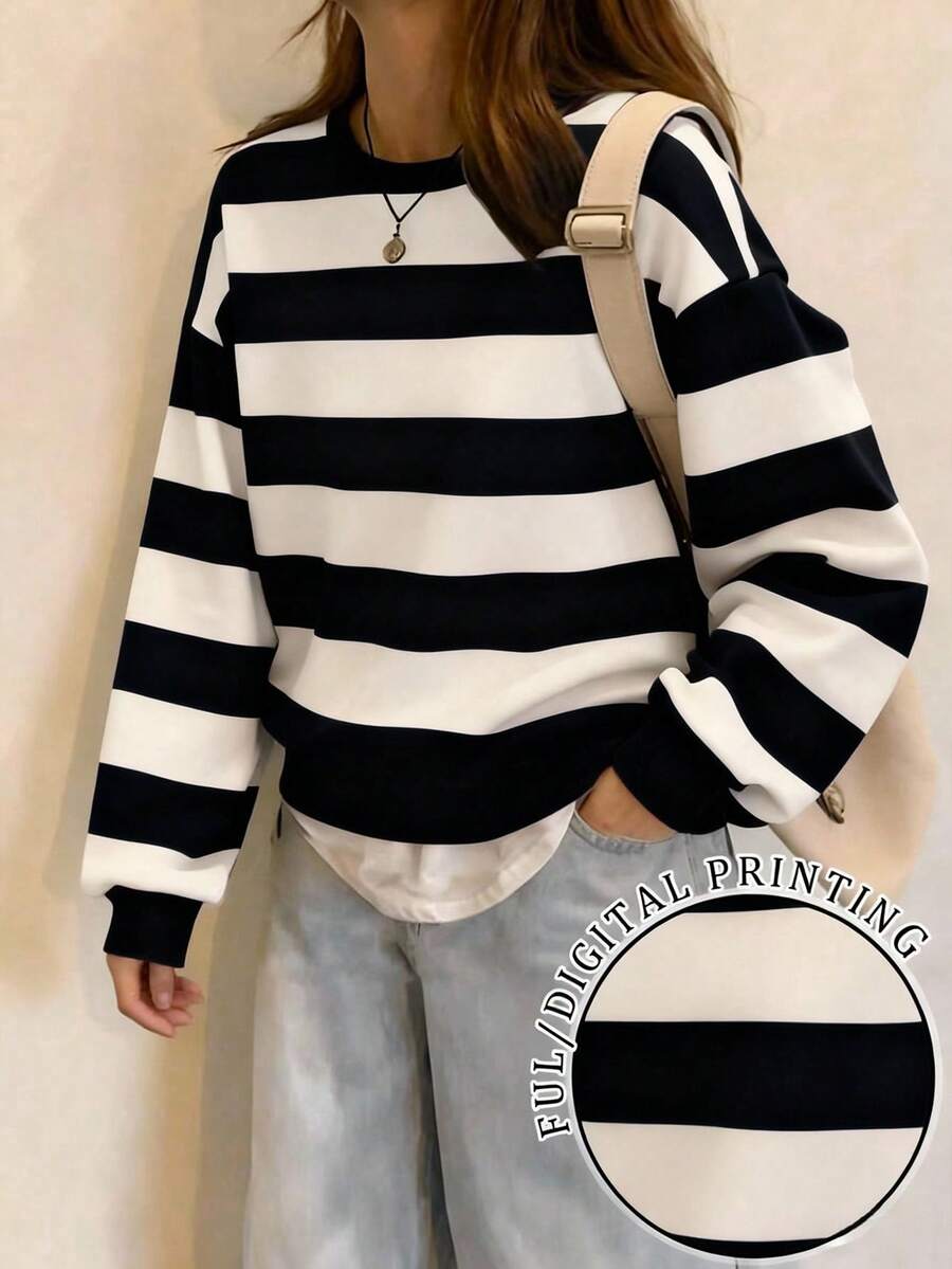 INAWLY Sudadera casual de mujer con hombros caídos y mangas largas a rayas - Blanco y Negro - Ver 1