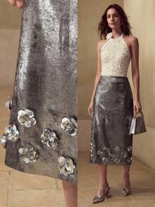 MOTF PREMIUM Chân váy họa tiết hoa sequin sang trọng - Bạc - Xem 1