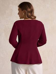 Elegantrix 大码女式甜心领方领荷叶边下摆休闲衬衫 - 酒紅色 - 查看 5