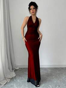 Rafferiza Petite 优雅修身鱼尾下摆V领腰部褶裥针织网纱长裙，玫瑰红内衬，适合秋冬季女士穿着。 - 彩色 - 查看 5