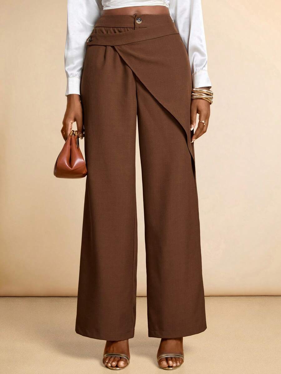 Vesra Women's Elegant Solid Color Double-Layer Pants - Brown - View 1