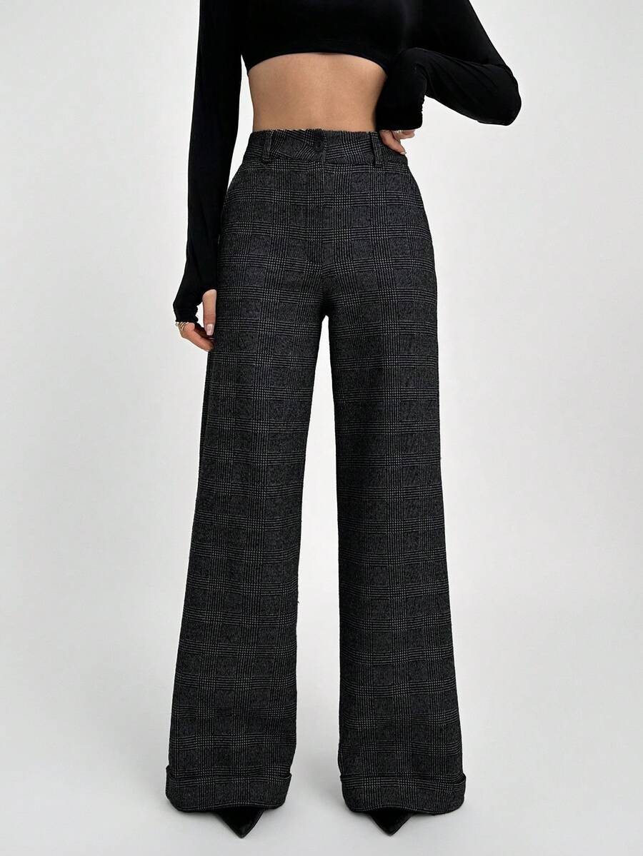 SHEIN Tall Quần ống rộng cạp cao chất liệu vải tuýt cao cấp cho nữ - Màu xám đen - Xem 1