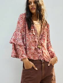 Maija Women's Casual Vacation Style All-Over Print V-Neck Flare Sleeve Loose Blouse, Spring/Summer/Autumn - Red - View 6