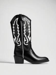 Solezae Modische Damen Schwarz Weiß Kunstleder PU Mandel Zeh Western Stil Chic Cowboy Knie Stiefel mit Blockabsatz Schlupf-an Rodeo Tanz Herbst Winter Schuh - Schwarz - Übersicht 6