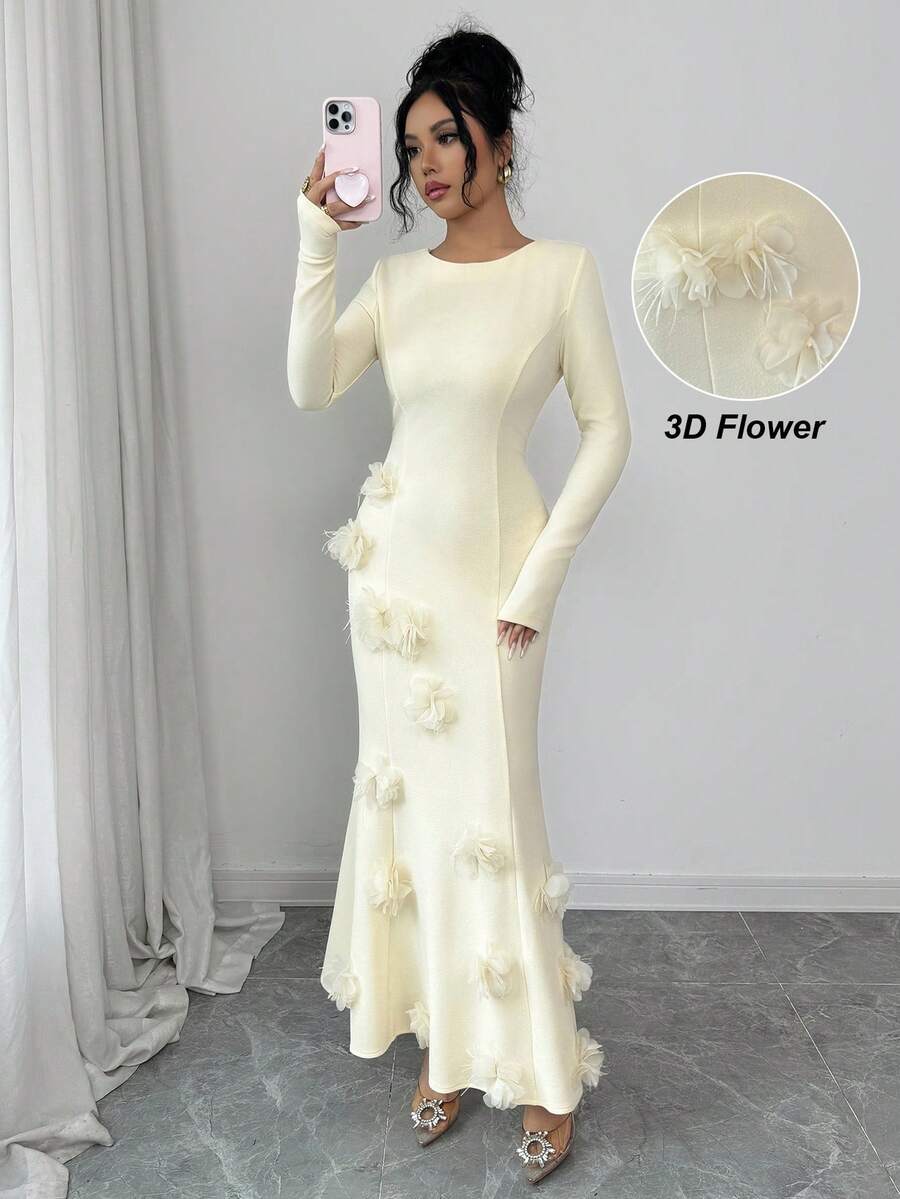 SHEIN Raffinéa 长袖花卉连衣裙，饰有3D羽毛，优雅长袖浅黄色连衣裙 - 鵝黃色 - 查看 1