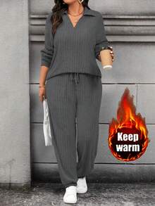 Calvaya Plus Size Solid Color Minimalist Long Sleeve Top And Pants 2 Pieces Set, Casual Everyday Wear - Dark Grey - View 1