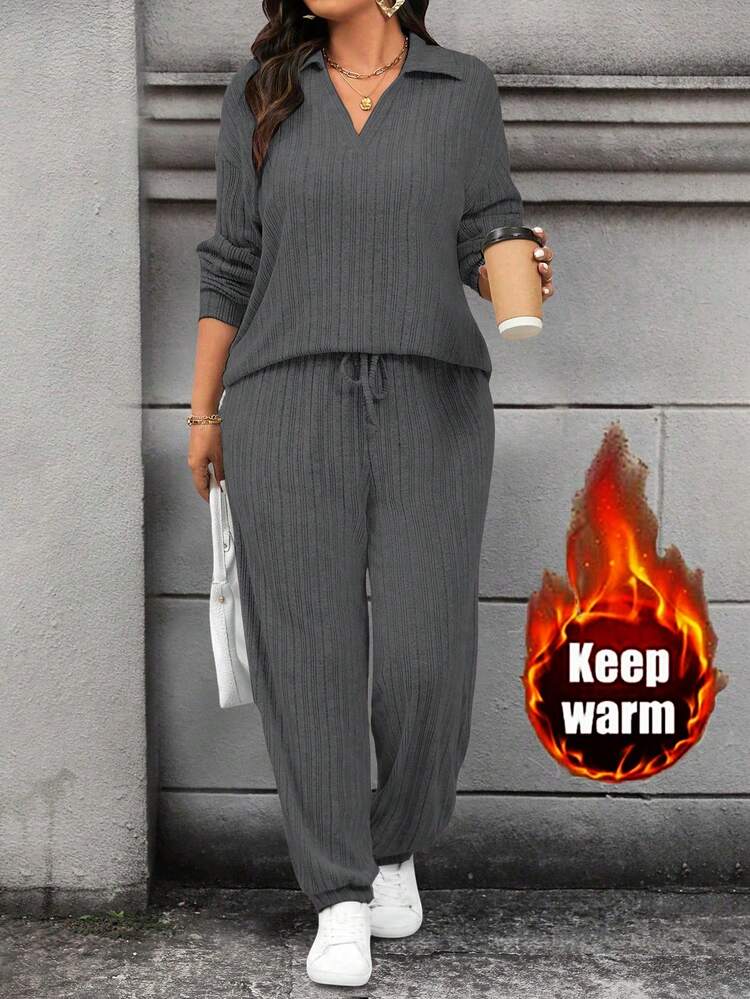 Calvaya Conjunto de 2 peças com Top de Manga Longa e Calça em Cor Sólida Minimalista, Plus Size, Uso Casual Diário - Chumbo - Visão 1