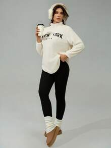 SHEIN Tall Women's New Letter Pattern Stand Collar Double-Sided Fleece Sweatshirt And Tight Fleece Leggings Set, Autumn/Winter - Black and White - View 7